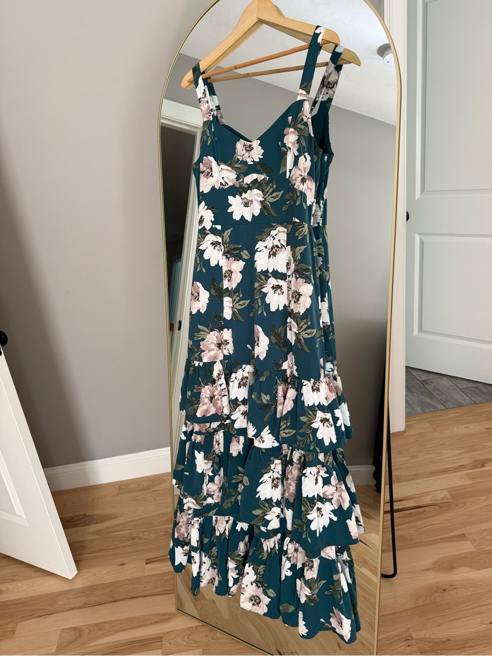 Abercrombie & Fitch Teal Floral Tiered Maxi Dress with Blush and White Blooms